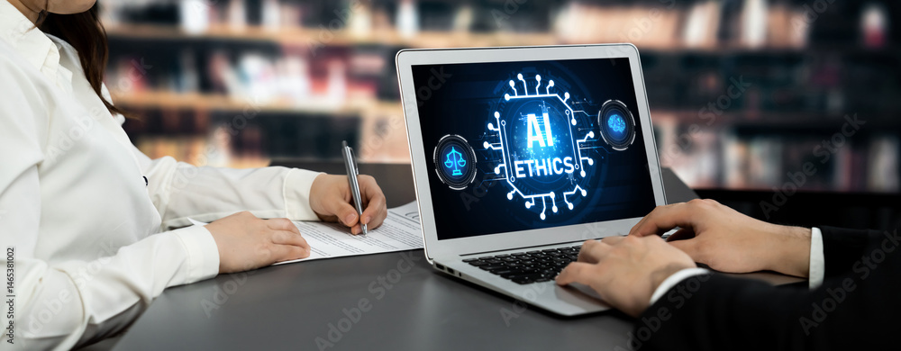 Poster ai ethics responsibility standard law and rules on computer screen provide report of ai ethic transp