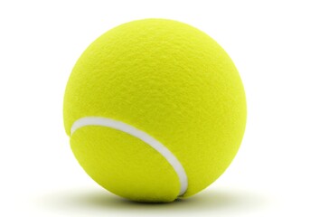 A close up shot of a single yellow tennis ball on a white background with a curved white line detail