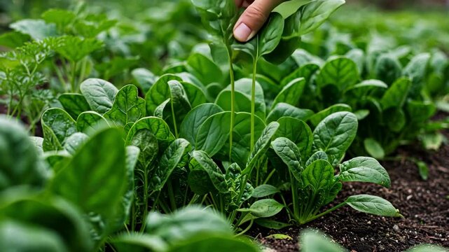 Harvesting fresh organic spinach in the garden.