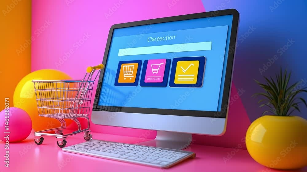 Poster computer monitor with a shopping cart icon on the screen. a keyboard is next to the monitor