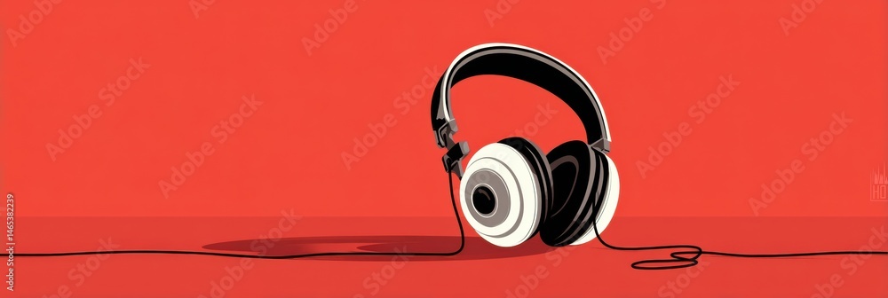 Poster wired headphones resting in a case against a vibrant red backdrop with a distinct flat design aesthe