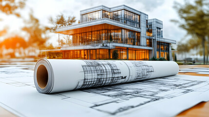 Architectural blueprints for a modern house rest on a desk, with a 3D model of the building in the background