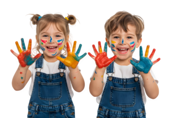 Two joyful children in overalls, faces and hands smeared with colorful paint, enthusiastically showing their hands in a fun and creative moment. isolated on white or transparent background. PNG