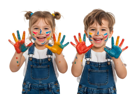 Two joyful children in overalls, faces and hands smeared with colorful paint, enthusiastically showing their hands in a fun and creative moment. isolated on white or transparent background. PNG - Powered by Adobe