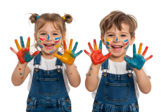 Two joyful children in overalls, faces and hands smeared with colorful paint, enthusiastically showing their hands in a fun and creative moment. isolated on white or transparent background. PNG