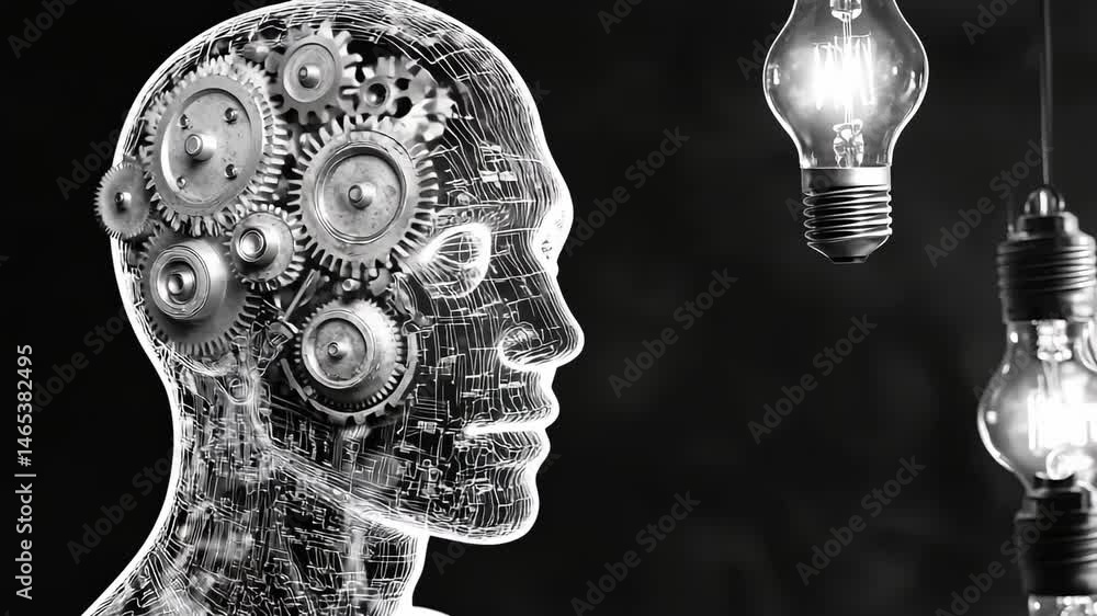 Poster man's head is made of gears and is surrounded by a cluster of light bulbs. the head is positioned in