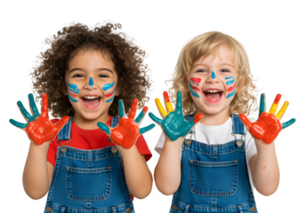 Two joyful children in overalls, faces and hands smeared with colorful paint, enthusiastically showing their hands in a fun and creative moment. isolated on white or transparent background. PNG