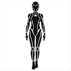 Stylish futuristic female robot vector silhouette (Futuristic sci-fi dress)against a plain background./A bold, minimalist silhouette of a female robot in a futuristic, segmented suit.