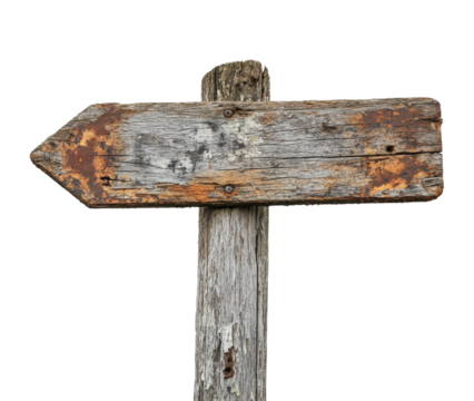 Weathered wooden signpost on a rustic trail environment isolated on transparent background