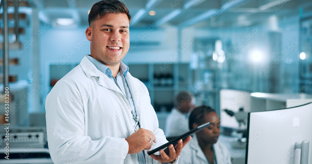 Poster man, medical or scientist in portrait with tablet, smile and gene editing in biotech experiment. lab