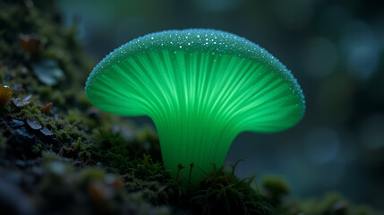 Behold the rare super macro shot: Mycena chlorophos, a luminescent marvel! Its radiant greenish glow enchants in dark tropical rainforests