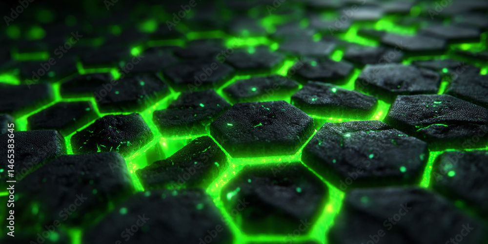 Aufkleber close-up of dark hexagonal stone texture with bright green glow, creating a futuristic, energetic ap