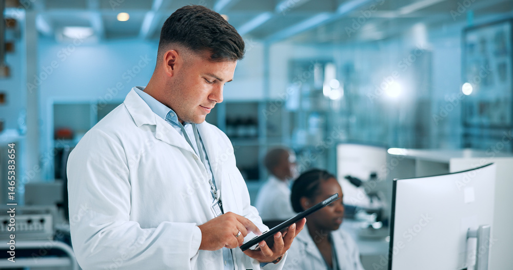 Poster Man, medical or scientist in laboratory with tablet, update and gene editing in biotech experiment. Reading, innovation breakthrough or touchscreen with science report, test or DNA research results