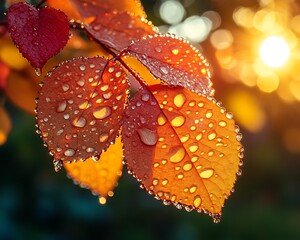 Autumn leaves with dew drops in sunlight.