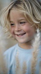 Fototapeta premium Close-up of a smiling child with blond hair, wearing a light-blue shirt, partially obscured by beige plants, conveying joy and innocence