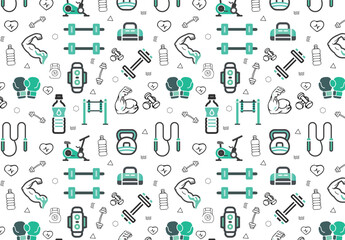 Vector set of design templates and elements for Fitness and Workout in trendy linear style - Seamless patterns with linear icons related to Fitness - Vector