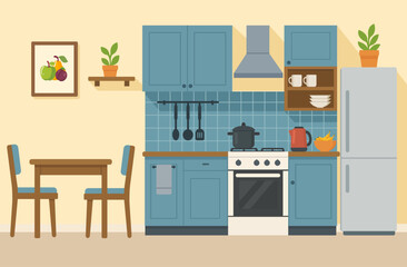 Modern cozy kitchen interior with dining area, kitchen equipment, oven, refrigerator, flat style, vector graphic design template