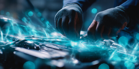 Close-up of gloved hands working on car engine, blue light effect, showcasing automotive repair, technology, and precision.  Represents expertise and innovation.