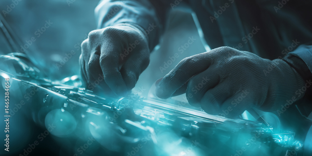Poster close-up of gloved hands meticulously working on a teal-lit mechanism, suggesting precision, experti