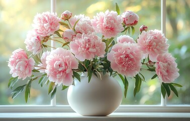 Pink peonies in a white vase by bright window light