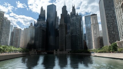 Obraz premium Tall skyscrapers reflecting in the river under a mix of clouds and sunlight in downtown Chicago