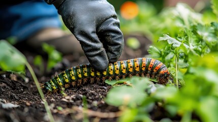 Pest control expert removing a venomous caterpillar from a backyard garden