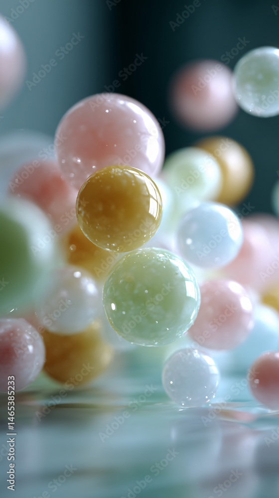 Poster pastel 3d bubbles floating in a minimalist background, creating a soft and dreamy aesthetic.
