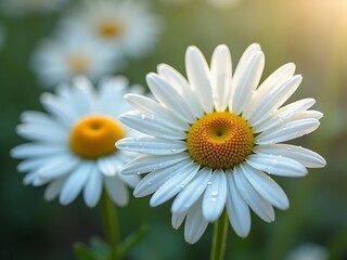 Fototapeta premium Close-up of White Daisy Flowers with Water Droplets in Natural Sunlight, Spring Season.