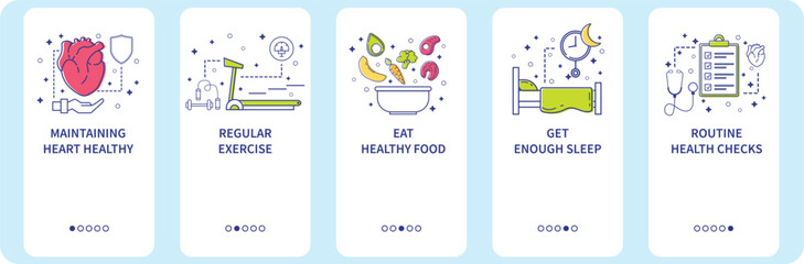 Healthy Lifestyle Icons Set - Heart Health, Exercise, Nutrition, Sleep, Medical Checkup. Flat Vector Illustration for Wellness Apps, Medical Websites, and Health Presentations.