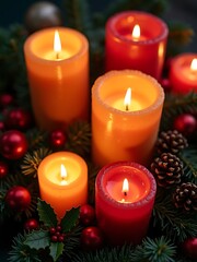 Cozy Christmas: Close-up of Advent Wreath with Burning Candles and Festive Decorations