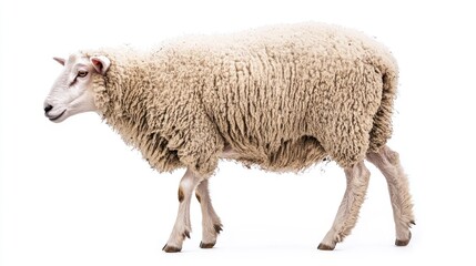 Profile view of a fluffy sheep grazing, white background