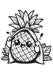 Coloring book pineapple hiding inside a thick blanket among leaves.