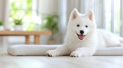 Happy White Dog Lying Down Indoors Smiling and Looking at the Camera