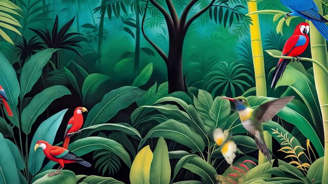Vibrant Animated Jungle Paradise: Parrots, Hummingbirds & Birds Fly amidst Lush Tropical Foliage. Immersive Wildlife Eco-Adventure, 4K Video Footage. 