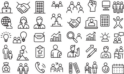Business and Teamwork Icon Set – Flat Line Style for Office, Communication, Leadership & Management
