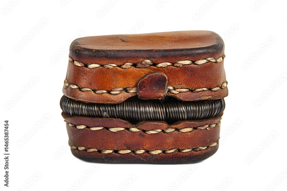 Poster close up of a small leather container with a spring and white stitching detail on a black background