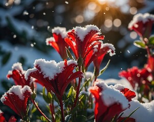 Vibrant Red Flowers Dusted with Fresh Snow in a Winter Garden Setting.