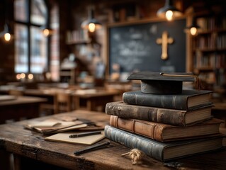 Close-up of books with graduation cap and Christian cross on chalkboard, professional studio-lit academic scene for educational materials, religious themes, or commencement promotions, realistic desk 