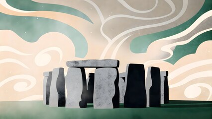 Artistic Illustration of Stonehenge with a Textured Sky, Emphasizing Ancient History and Mystical Atmosphere, Suitable for Travel, Historical, and Spiritual Themes, Book Covers and Editorial Use.