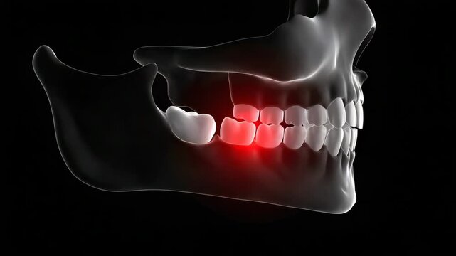 Medical illustration of human jaw with problematic wisdom tooth