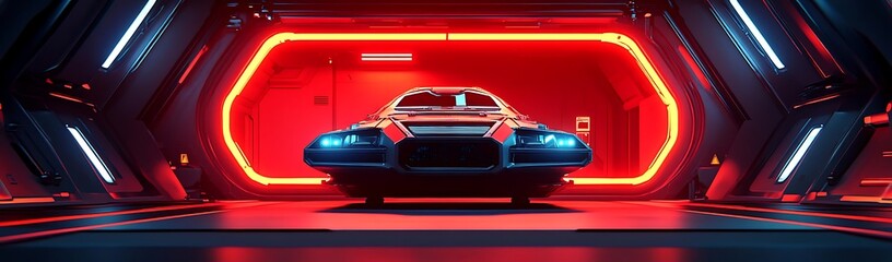 Naklejka premium Futuristic car in red neon garage