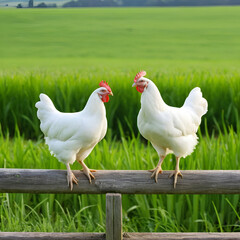 Fototapeta premium Two White Chickens Standing on a Wooden Rail in a Green Field