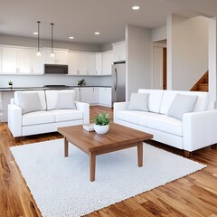 Modern Living Space with White Sofas, Wooden Coffee Table, and Open Kitchen Design for Home Interior Inspiration.