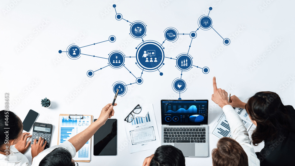 Leinwandbilder A dynamic business meeting showcasing teamwork with data analytics and visualization tools, highlighting the importance of collaboration for informed decision-making in the workplace. Amity