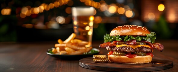 A juicy bacon cheeseburger with fries and a glass of beer is served on a wooden table in a cozy restaurant