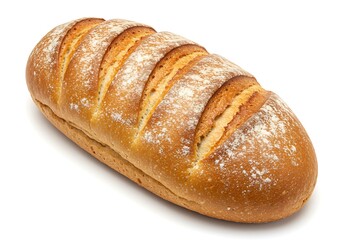 A loaf of golden brown bread with flour dusting on a white background in a studio setting view