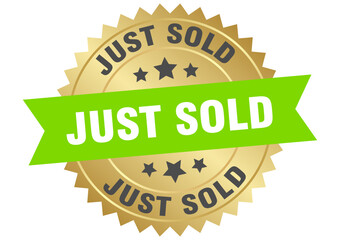 just sold. just sold round green and gold label isolated on transparent background
