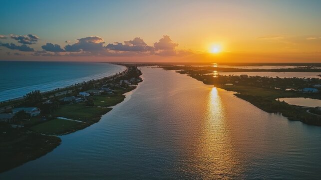Scenic aerial view of Fort Pierce, Florida, with the coastline at sunset