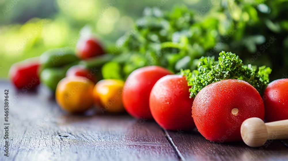 Poster freshly picked tomatoes and vegetables resting on rustic wooden table