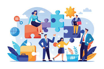 Business Teamwork Concept. Vector illustration in flat style of puzzle pieces with different people in business suits in each, performing various work tasks. Isolated on background.
